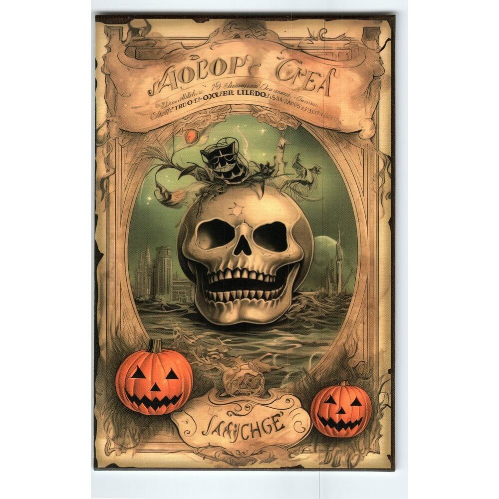 Vintage Halloween Photochrome Postcard Creepy Ghoul Skull & Jack-O'-Lanterns 6x4